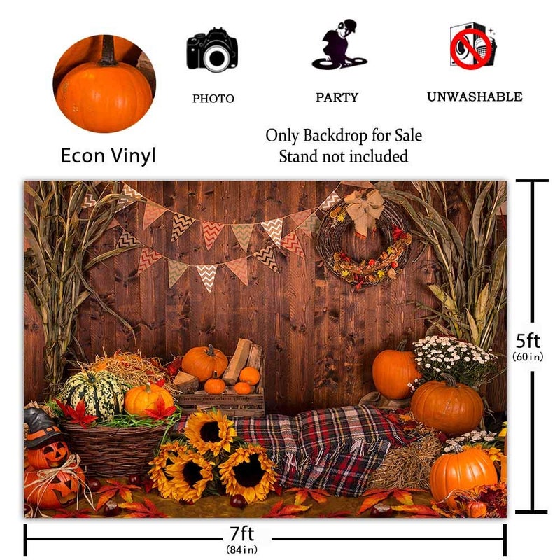 Funnytree 7x5ft Fall Thanksgiving Photography Backdrop Rustic Wooden Floor Barn Harvest Background Autumn Pumpkins Maple Leaves Sunflower Baby Portrait Party Decoration Photo Studio Booth Props - Image 2